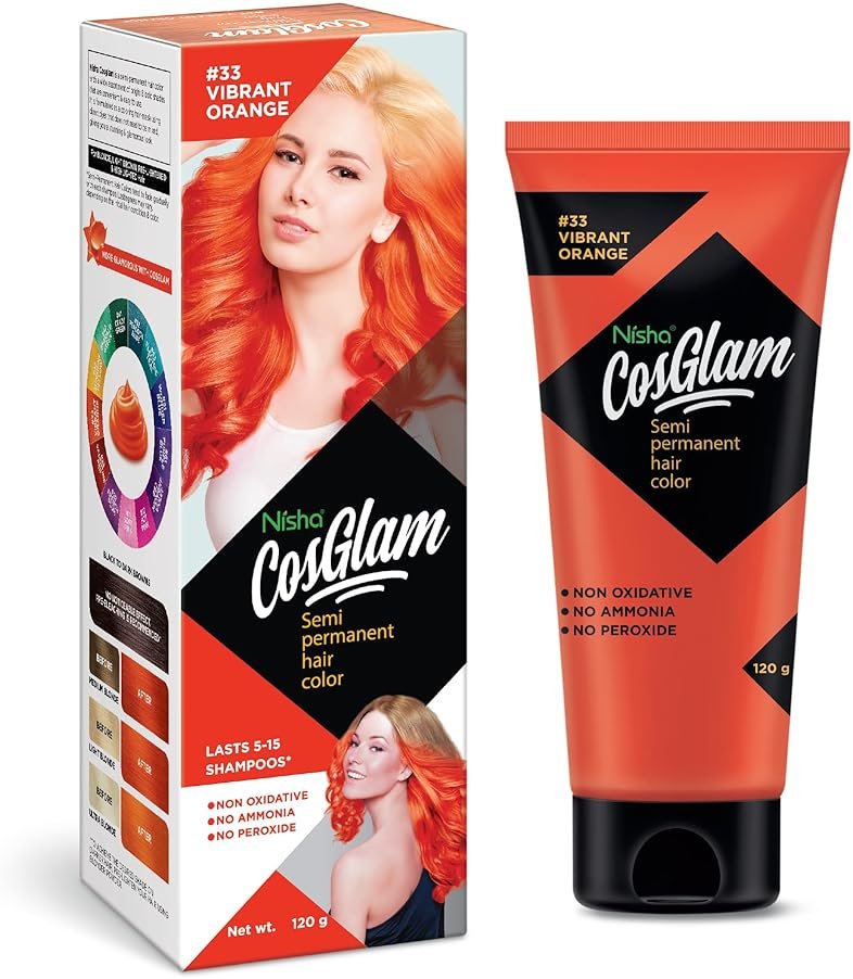Nisha Cosglam Vegan And Cruelty Free Semi Permanent Hair Color, Orange Hair Dye With Infused Conditioner | No Ammonia, No Peroxide, Non Oxidative Hair Colour - 120g / 4.06 Fl Oz (#33 Vibrant Orange) - Product Image