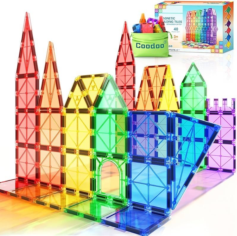 Coodoo Magnetic Tiles Kids Toys STEM Magnet Toy for Toddler Magnetic Blocks Building Preschool Learning Sensory Montessori Toys for 3+ Year Old Boys and Girls, Safe Creativity Toddler Kids Toy 40PCS - Product Image