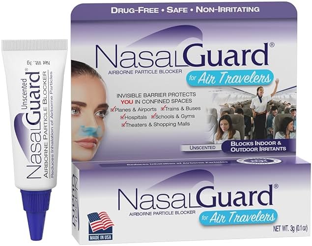 NasalGuard for Air Travelers | Cabin Air Protection Gel | Helps Block Dust, Mold & Airborne Contaminants | Drug-Free, Applied Around Nose | TSA Friendly | 150+ Uses (Unscented, 3g) - Product Image