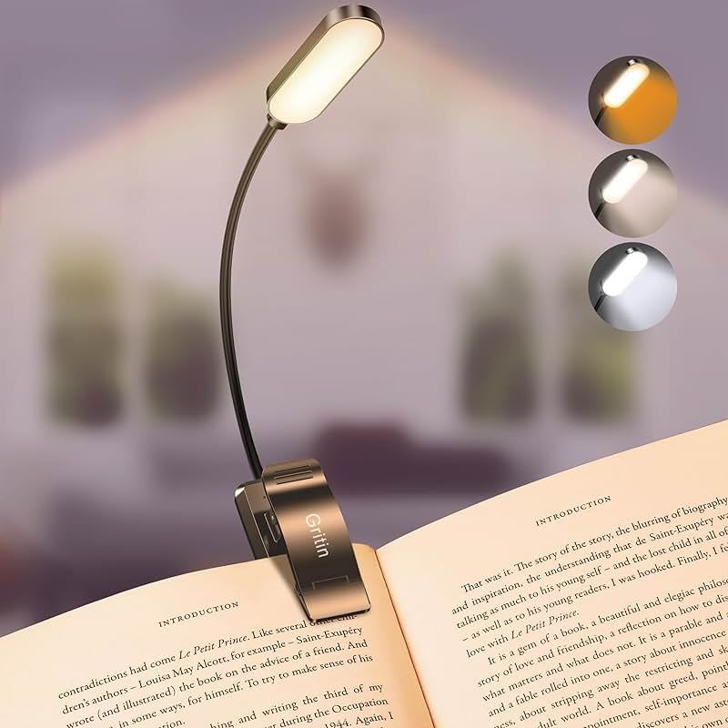 Gritin 16 LED Rechargeable Book Light for Reading in Bed- Eye Caring 3 Color Temperatures, Stepless Dimming Brightness, 80 Hrs Runtime, Lightweight Flexible Clip on Light for Book Lovers - Product Image
