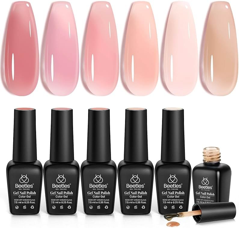 Beetles Nude Gel Nail Polish Set - 6 Colors Jelly Gel Polish Kit Nude Pink Neutral Nail Art Design Sheer Translucent Gel Nail Kits Soak Off UV Nail Lamp Cured Nail Manicure Gift for Women - Product Image