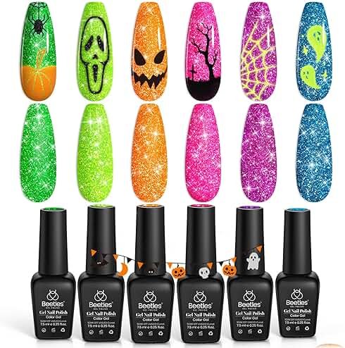 Beetles Glitter Gel Nail Polish Set - Neon Carnival Reflective Summer Gel Polish, 6 Colors Pink Green Purple Blue Bright Sparkly Gel Nails Soak Off UV Led Salon Gift for Women - Product Image
