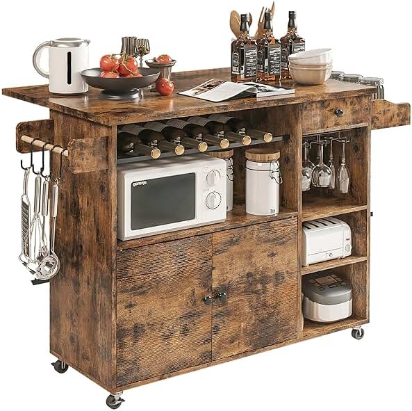 IRONCK Rolling Kitchen Island Cart with Drop-Leaf and Wine Rack, Microwave Rack Serving Cart on Wheels with Drawer & Shelves & Spice Rack & Cup Hanging, Vintage Brown - Product Image