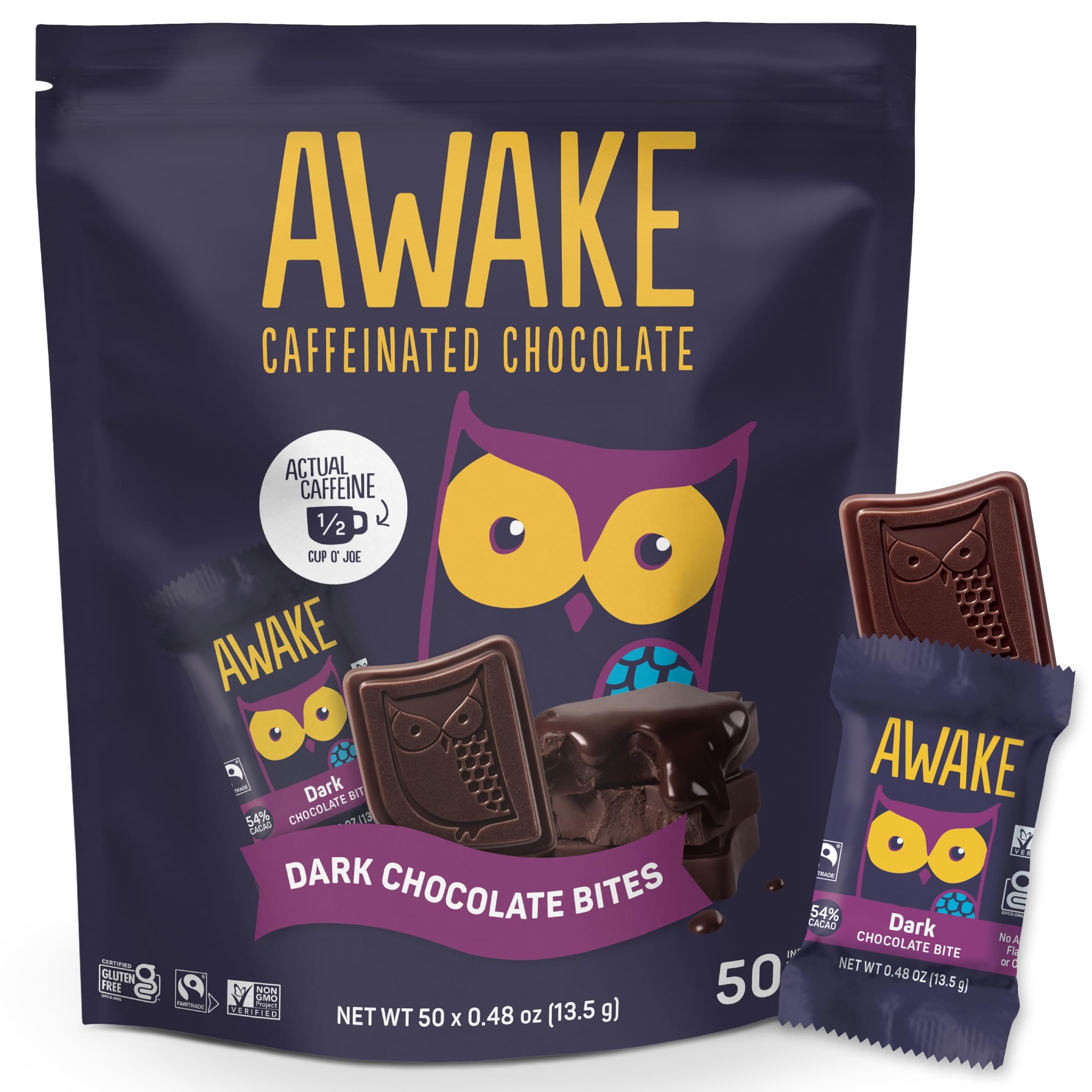 AWAKE - Caffeinated Chocolate Bites - Dark Chocolate, 50 Bites - 50mg Caffeine - Individually Wrapped Energy Bites - Coffee Alternative - Fairtrade, Gluten Free, Non GMO - 0.48oz - Product Image