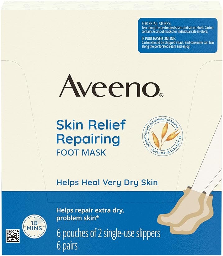 Aveeno Skin Relief Repairing Foot Mask, Moisturizing Socks with Prebiotic Oat & Shea Butter for Very Dry Skin, Foot Care for Sensitive Skin, Fragrance-Free, Value Pack, 6 Pairs of Single-Use Slippers - Product Image