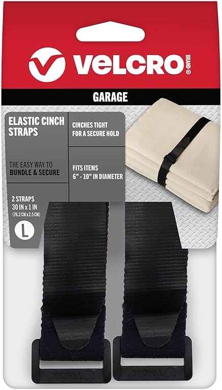 VELCRO Brand Garage Organization and Storage | Elastic Cinch Straps, 30" | Strong & Reusable | Bundle Poles and Stakes, Organize Power Tool Cords | Black, 1 Inch Wide, 2 Count - Product Image