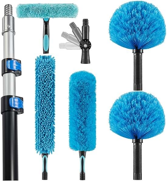 Hicavar 20 Foot High Ceiling Fan Duster with 5-12ft Extension Pole, Extendable Reusable Cobweb, Feather, Window Cleaning Squeegee Kit - Product Image