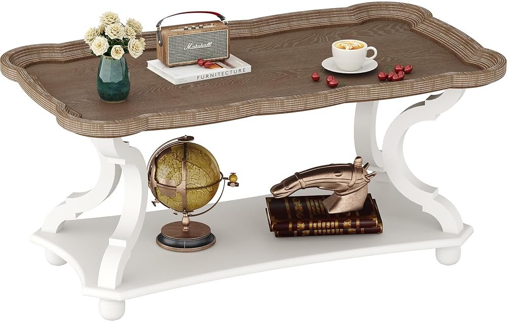 Function Home Farmhouse Coffee Table, 2-Tier Center Table with Storage Shelf, 39.8" French Country Rectangle Accent Table with Natural Tray Top and Curved Legs for Living Room Balcony, Vintage White - Product Image