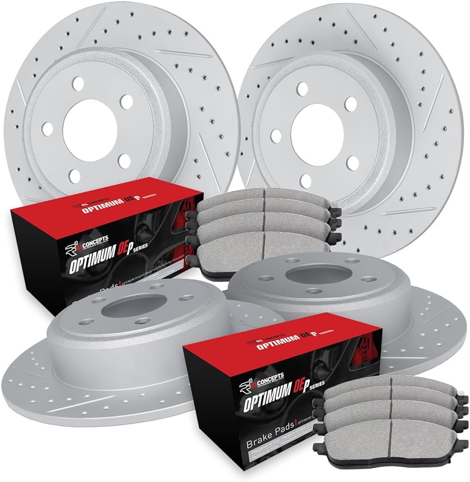 R1 Concepts Front and Rear Brake Kit Fits 2007-2009 Chrysler Aspen, Dodge Durango; 2006-2010 Dodge Ram 1500| Optimum Oep Brake Pads and Drilled Slotted Brake Rotors| 13.2" Front & 13.9" Rear - Product Image