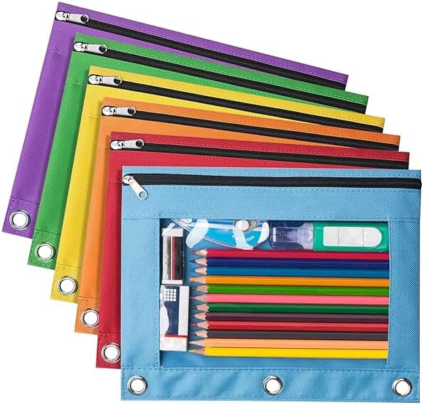 Forvencer 6 Pack Pencil Pouches for 3 Ring Binder, Smooth Zipper 3 Ring Binder Pencil Pouch, Multi-Color Pencil Case for Binder, Clear Top Binder Pencil Pouch, Pencil Bag with 3 Re-enforced Grommets - Product Image
