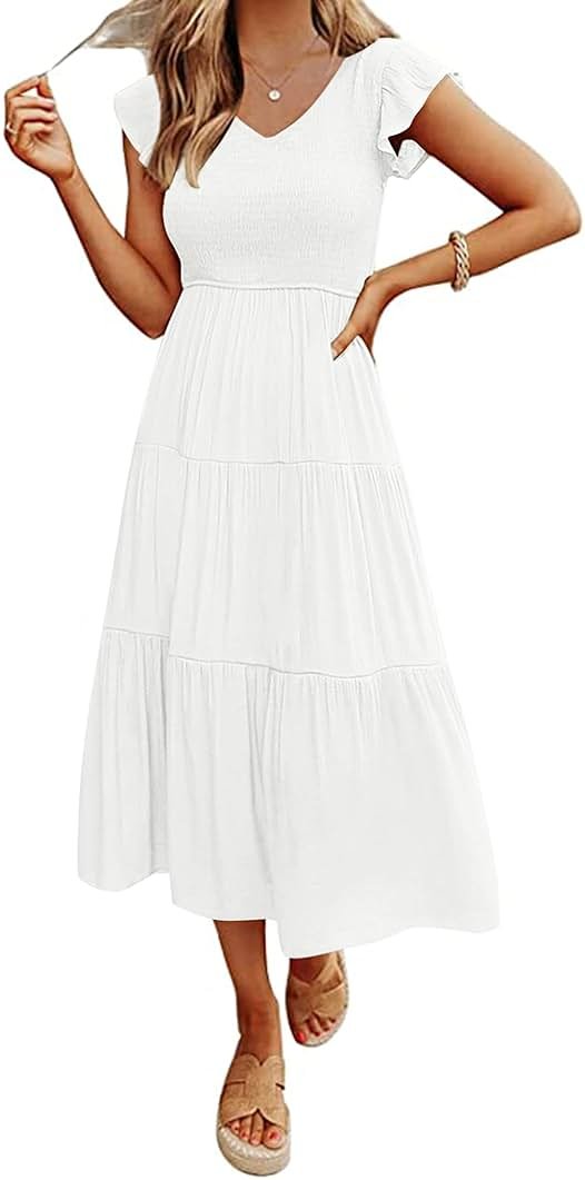 MEROKEETY Women's Summer 2026 Casual Midi Dress Flutter Sleeve V Neck Smocked Tiered Beach Vacation Dresses - Product Image