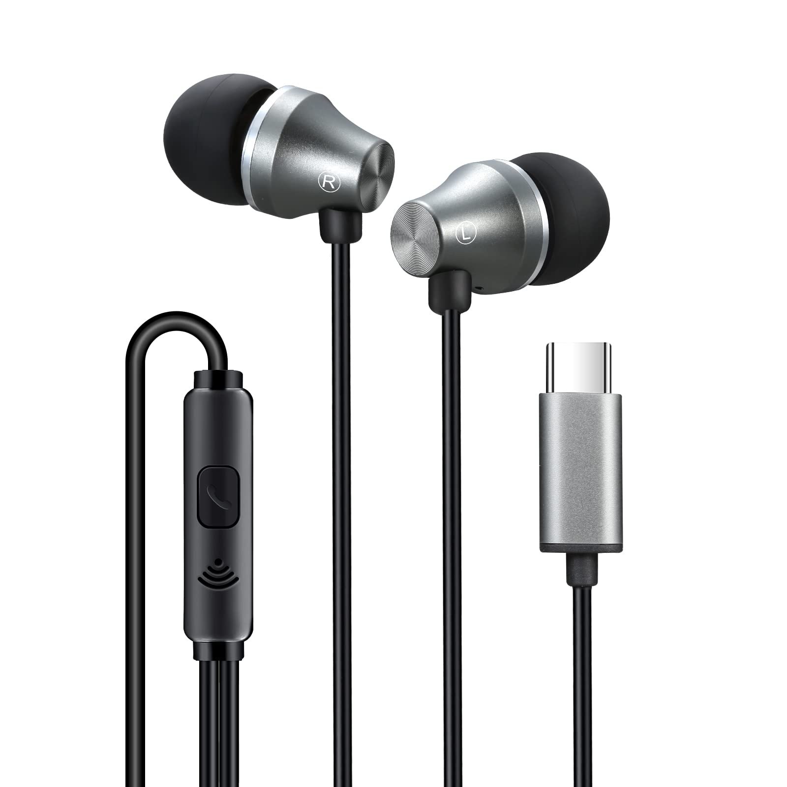 iRAG A101C USB C Headphones Earbuds with Microphone - Wired Type C Plug in in-Ear Earphones for Samsung Galaxy, Google Pixel and Most USB C Devices (Gun Metal) - Product Image