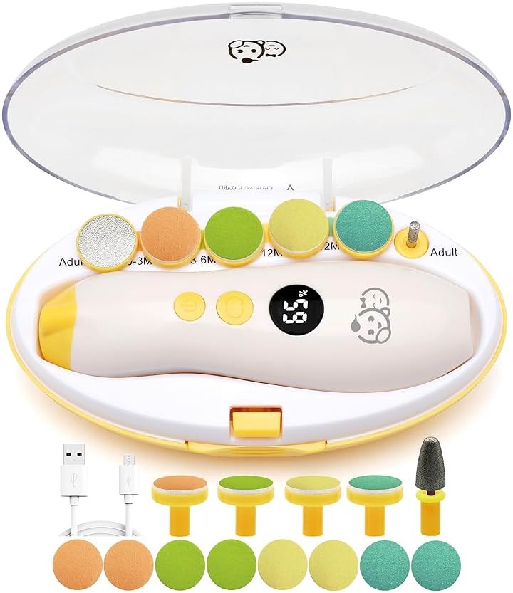 Royal Angels Rechargeable 22 in 1 Baby Nail Trimmer with LCD Display, Labeled Case, 13 Extra Pads, Safe Quiet LED Light Electric Baby Nail File Kit for Newborns Toddlers (Mango) - Product Image