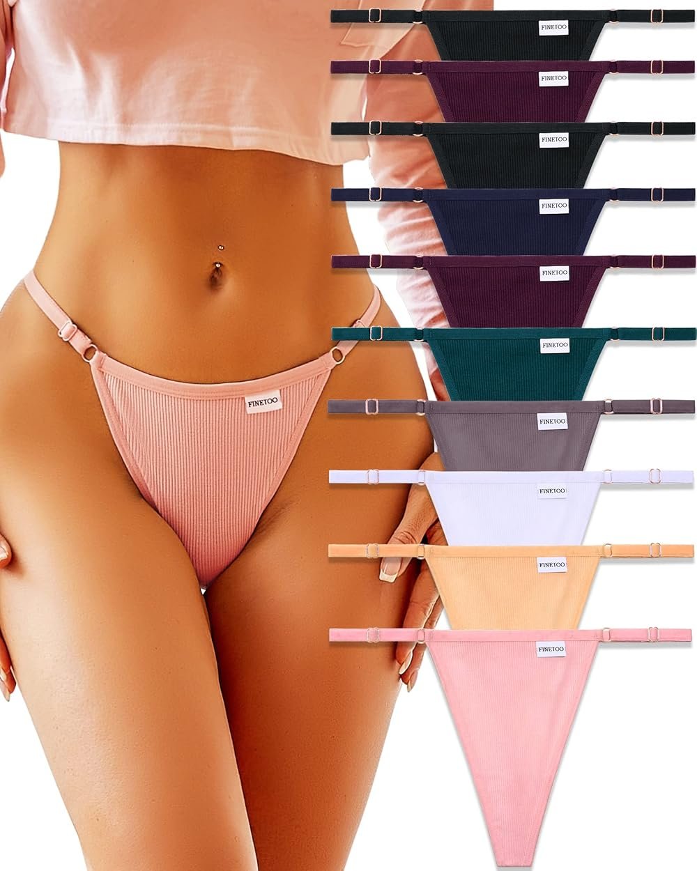 FINETOO 10 Pack Adjustable G String Thongs for Women Sexy Underwear Low Rise Womens Thong Cotton Panties for Ladies S-XL - Product Image