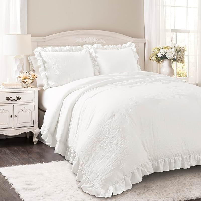Lush Decor Reyna Ruffle Comforter Set - 3 Piece Full/Queen Size Ruffle Comforter Set - Elegance for Bedroom - Full/Queen, Pure White - Product Image