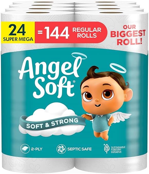 Angel Soft Toilet Paper, 24 Super Mega Rolls = 144 Regular Rolls, Soft and Strong Toilet Tissue - Product Image