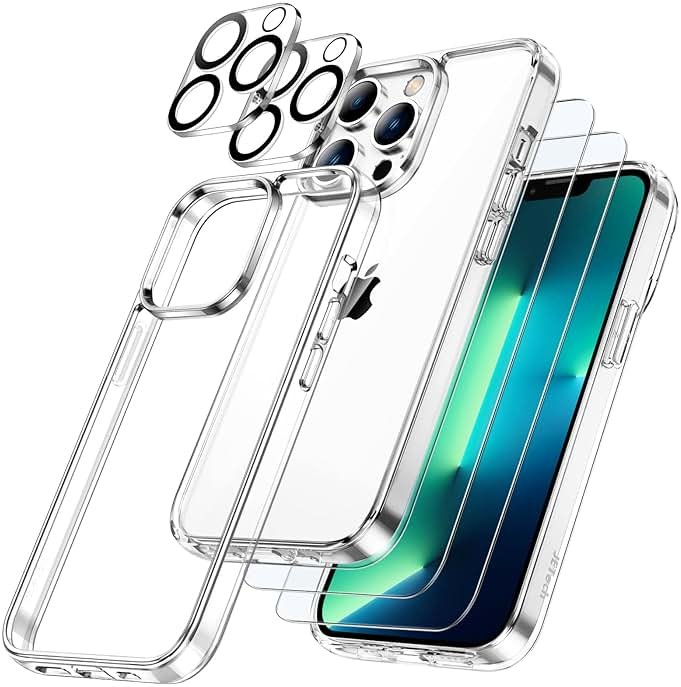 JETech 5 in 1 Case for iPhone 13 Pro Max 6.7-Inch, with 2-Pack Screen Protector and Camera Lens Protector, Non-Yellowing Shockproof Bumper Phone Cover, Full Coverage Tempered Glass Film (Clear) - Product Image