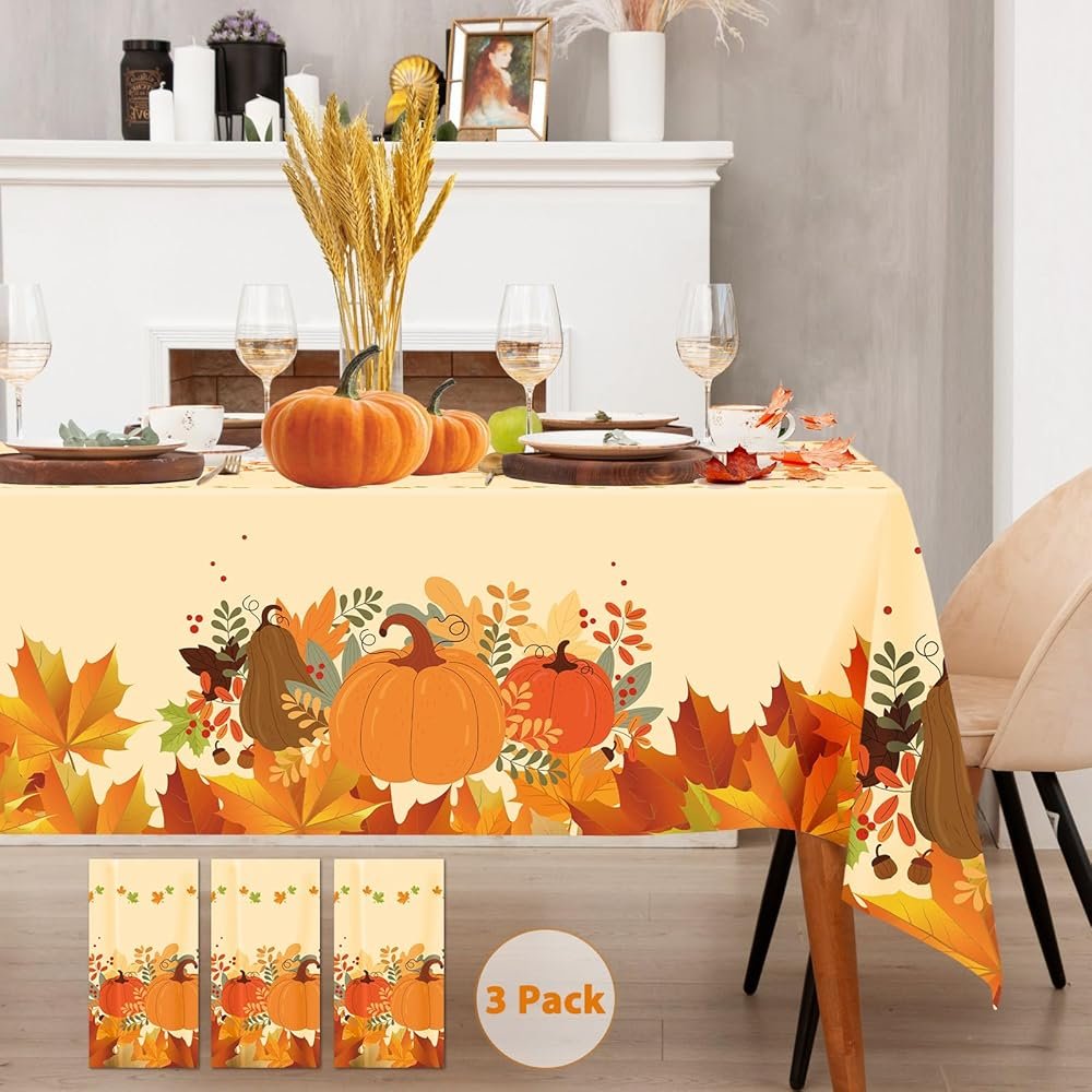 Alitake 3-Pack Thanksgiving Tablecloth Fall Tablecloths - Thanksgiving Tablecloth Disposable Plastic Thanksgiving Table Cloth Pumpkin & Leaves Print, Table Covers for Thanksgiving (Yellow) - Product Image