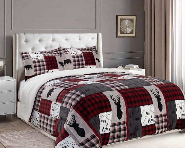 Elegant Comfort 3-Piece Winter Lodge-Patch Sherpa Comforter Soft, Cozy and Durable Quality, Heavy Weight Reversible Down Alternative Micro-Suede, Patch Sherpa Comforter, Queen - Product Image