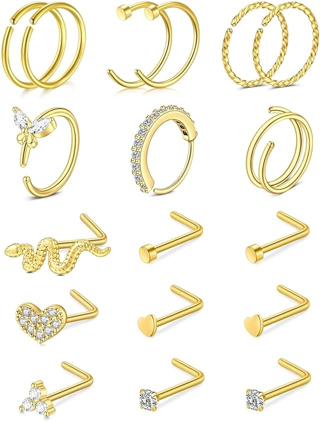 JFORYOU 18G/20G Nose Rings Set for Women Men Gold/Silver Nose Rings Hoops Stainless Steel Hinged Clicker Segment Nose Rings L Shaped Nose Studs Clear CZ Opal Nostrial Piercing Jewelry - Product Image