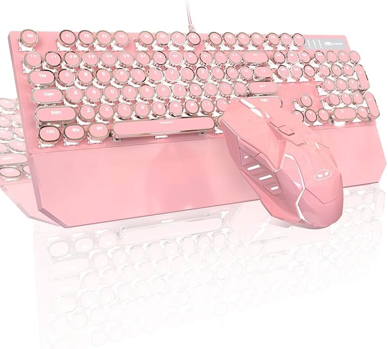 Typewriter Mechanical Gaming Keyboard and Mouse Combo, Retro Punk Round Keycaps RGB Rainbow Backlit Wired Keyboard for Game and Office, for Windows Laptop PC, Red Switches(Pink) - Product Image