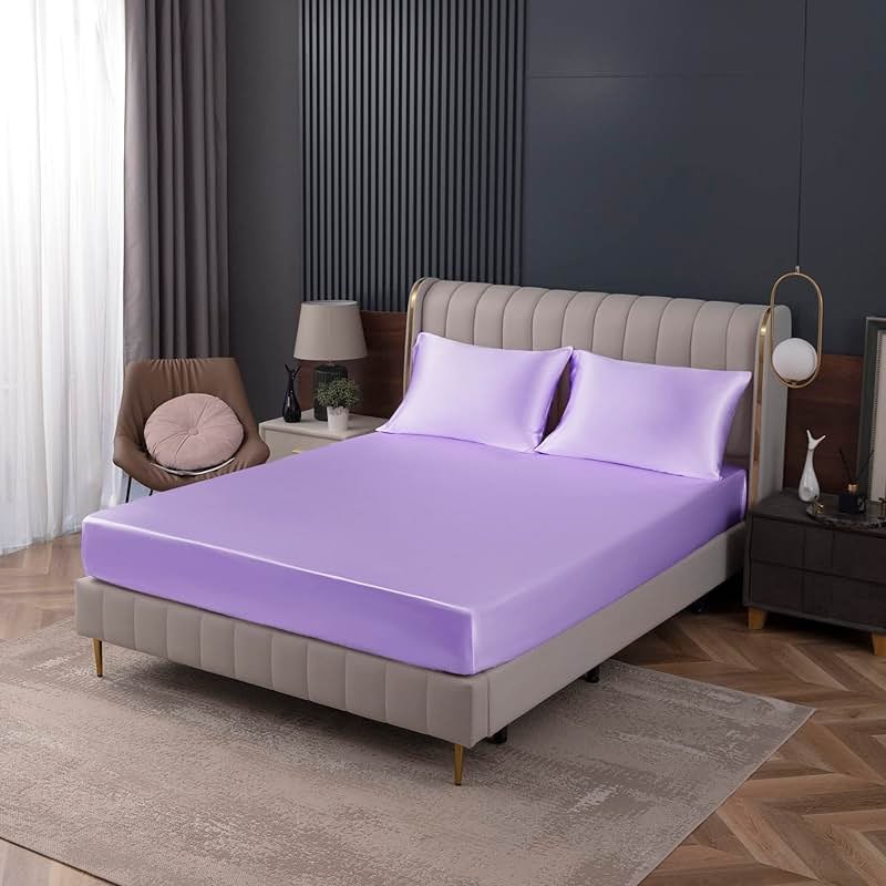 Homiest Lavender Satin Fitted Sheet King Size, Deep Pocket, Luxury & Ultra Soft Bedding - Product Image