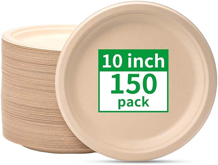 RACETOP Compostable Paper Plates 10 Inch [150 Pack], Disposable Biodegradable Heavy Duty Paper Plates, Made of Natural Sugarcane Fibers, Unbleached Brown, Round - Product Image