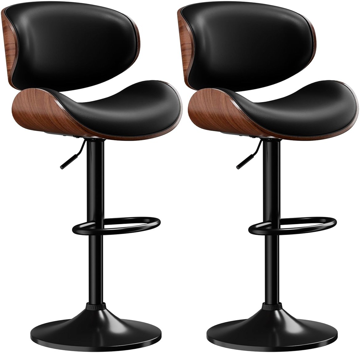 Aowos Bar Stools Set of 2, Adjustable Swivel Leather Bar Stools for Kitchen Island, Mid Century Modern Counter Height Bar Chairs Barstools with Back & Footrest (Black) - Product Image