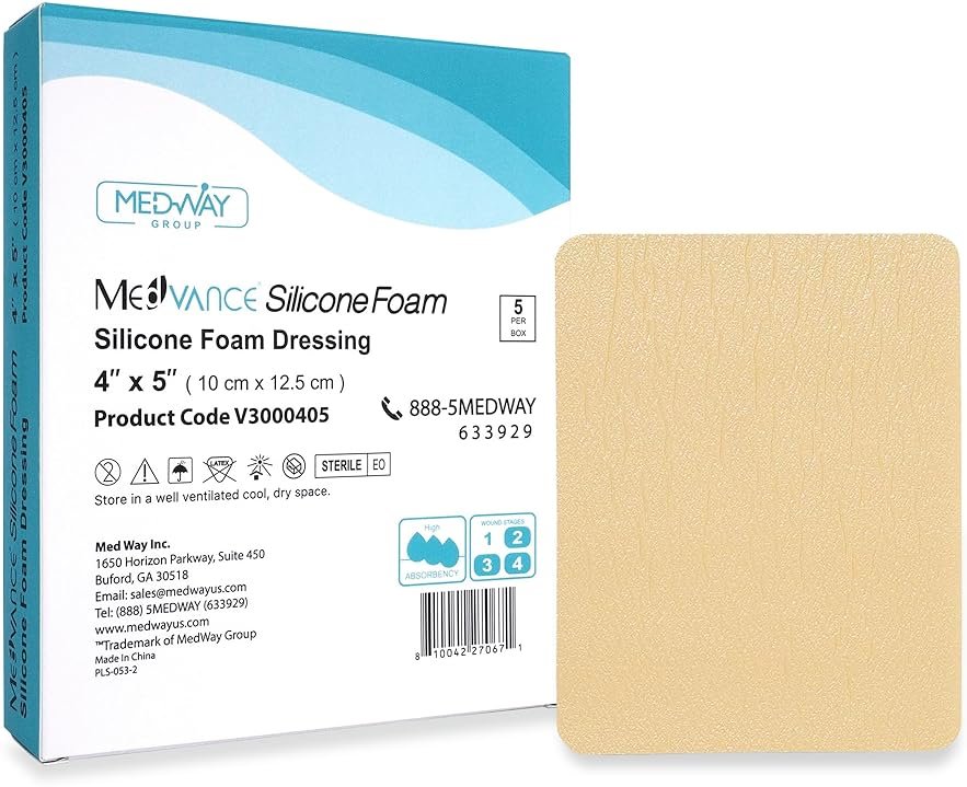 MedVance Silicone Foam Dressing - Waterproof Silicone Adhesive Foam Dressing - Easy Apply & Remove Wound Bandages - Dressings for Pressure Sores, & More - (4" x 5" Absorbent Bandage) - Product Image