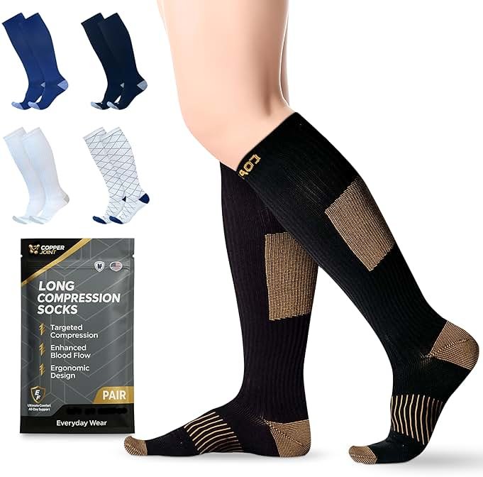 CopperJoint Knee High Compression Socks for Women and Men, Graduated Long Compression Socks for All-Day Standing, Sports & Travel, 15-20 mmHg Leg Support for Daily Wear - 1 Pair, Black & Tan, 2XLarge - Product Image