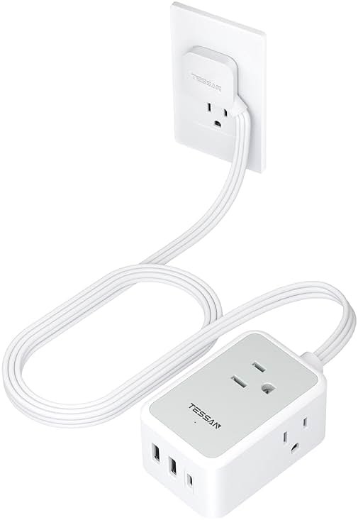 TESSAN Small Flat Plug Power Strip, 5 ft Extension Cord | Ultra Thin, 3 AC Outlets, 3 USB Ports (1 USB C), Multiple Wall Outlet Extender, For Cruise Travel Office School Dorm - Product Image