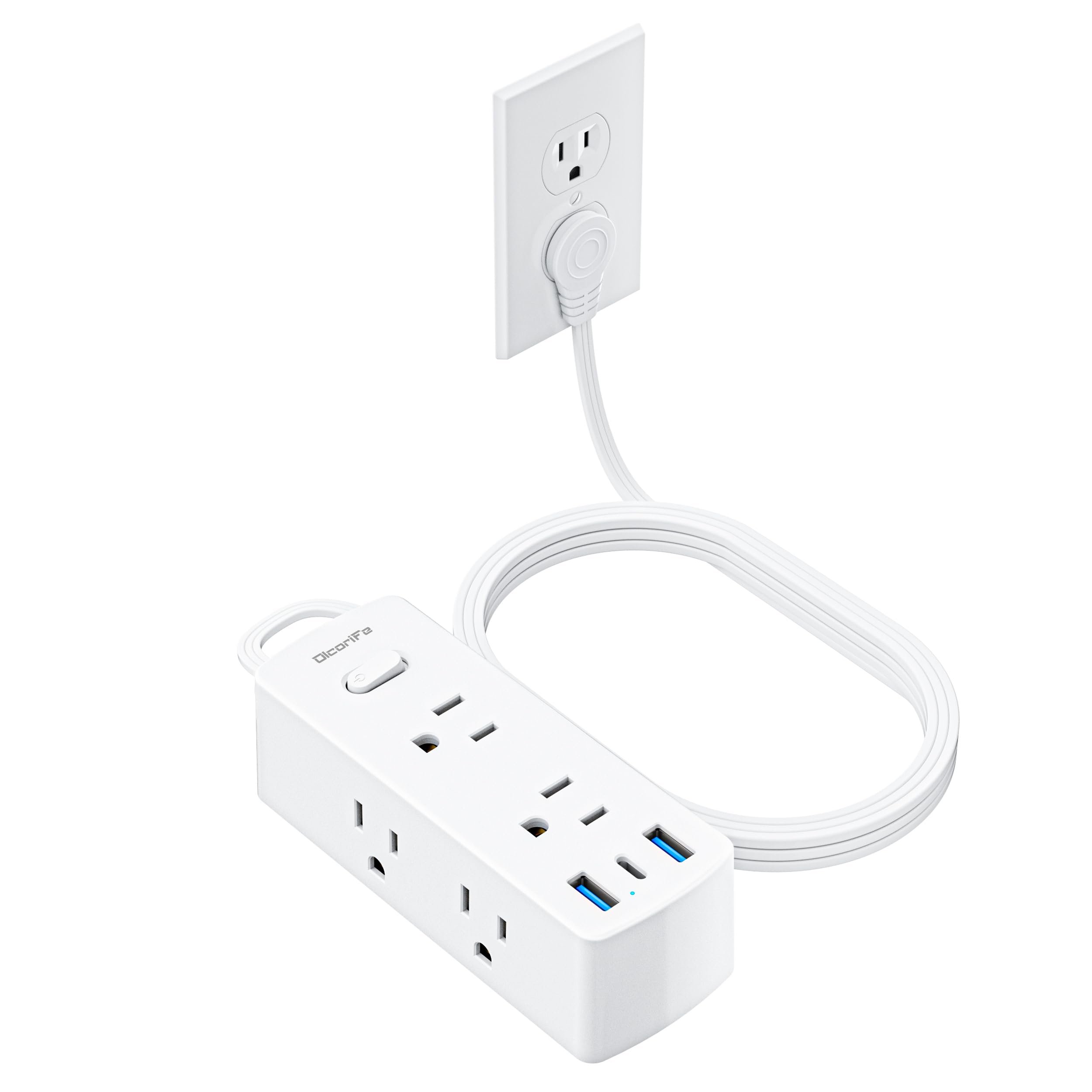 Olcorife Flat Plug Power Strip with 5 FT Extension Cord, 6 Outlets 3 USB Ports(1 USB C), 3 Sided Outlet Extender for Home Office Travel Dorm Room Essentials, White - Product Image