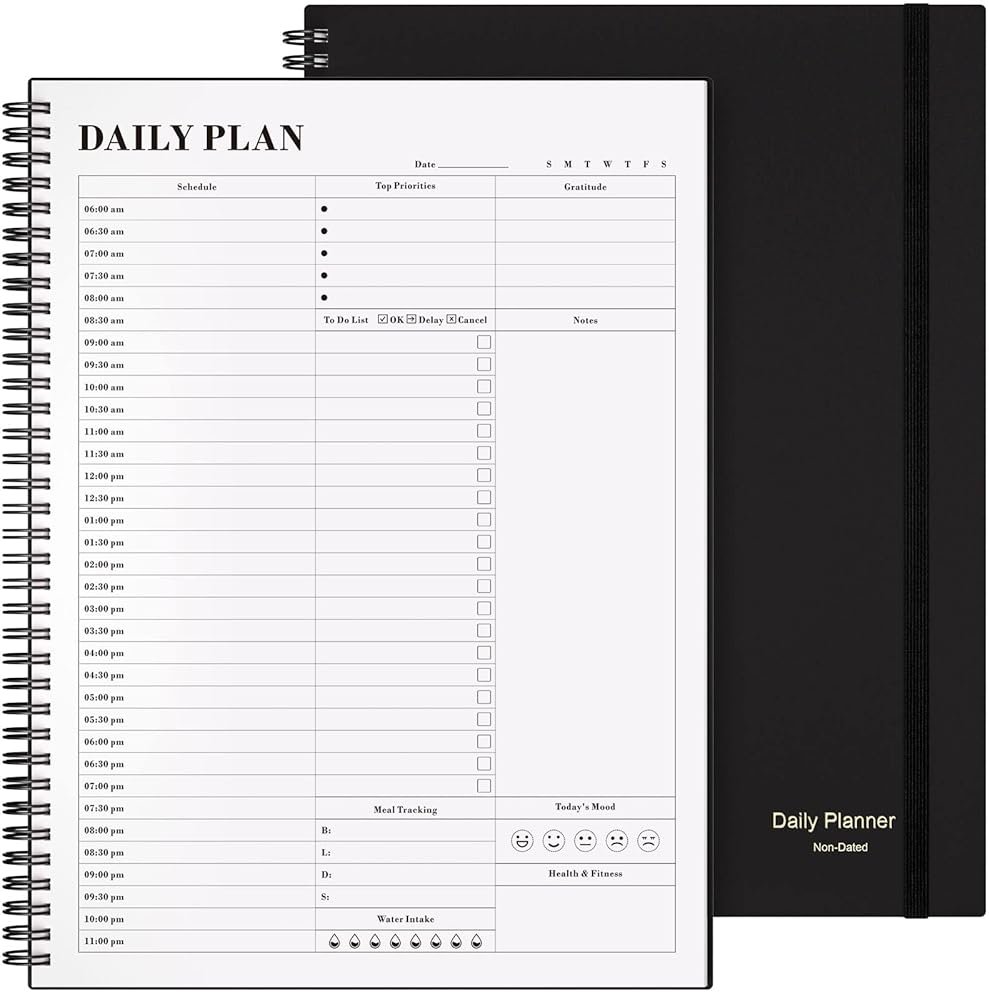 Planner Undated, Asten Daily Planner Agenda with To Do List, Hourly Schedules for Women and Men, Spiral Appointment Book with Elastic Closure, Inner Pocket 8.5" x 11" (Black) - Product Image