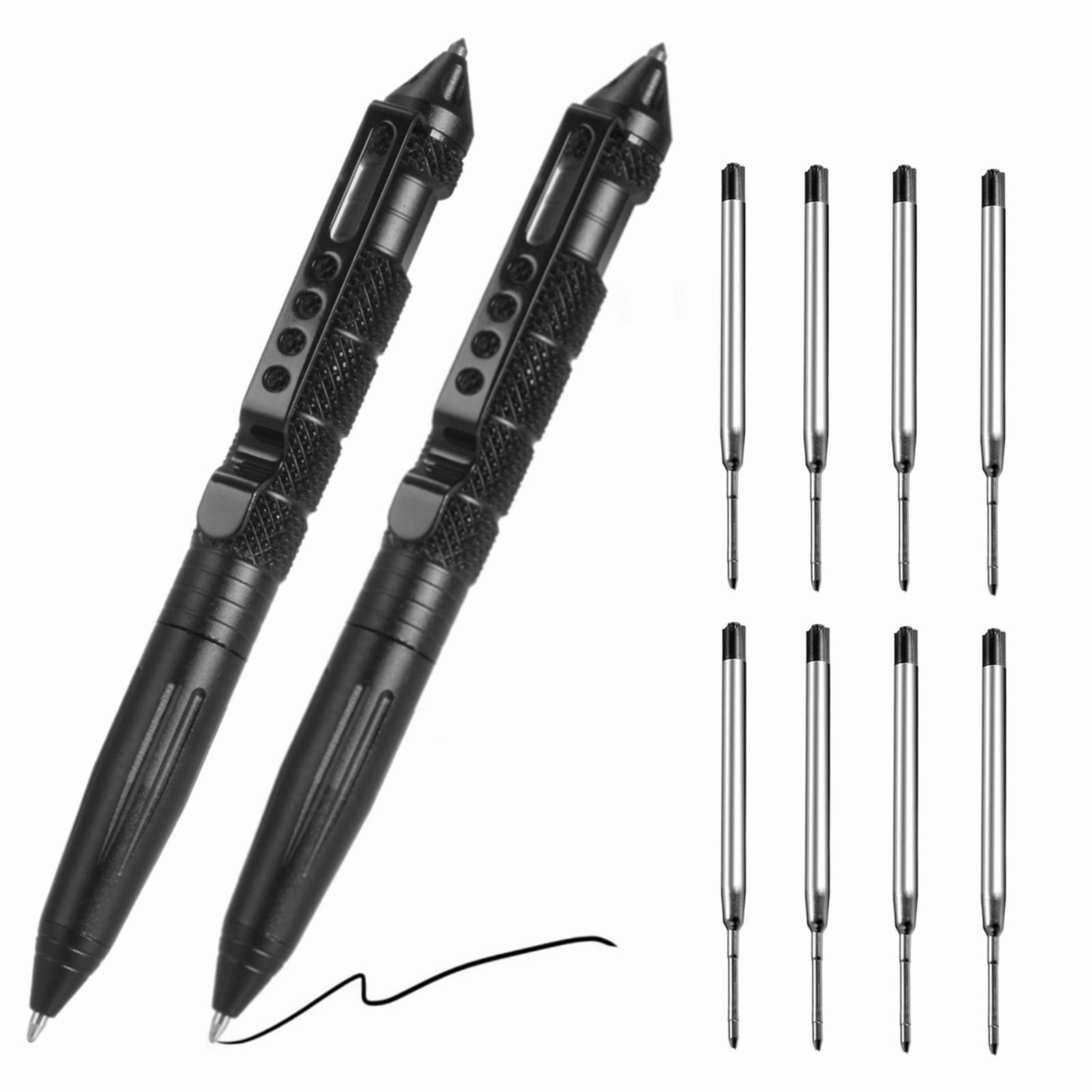 2 Pack Military Tactical Pens with 8 Black Refills, Emergency Self Defense & Glass Breaker Pen, Multi-Functional Survival Tac Pens Gifts for Men Dad Husband Him - Product Image
