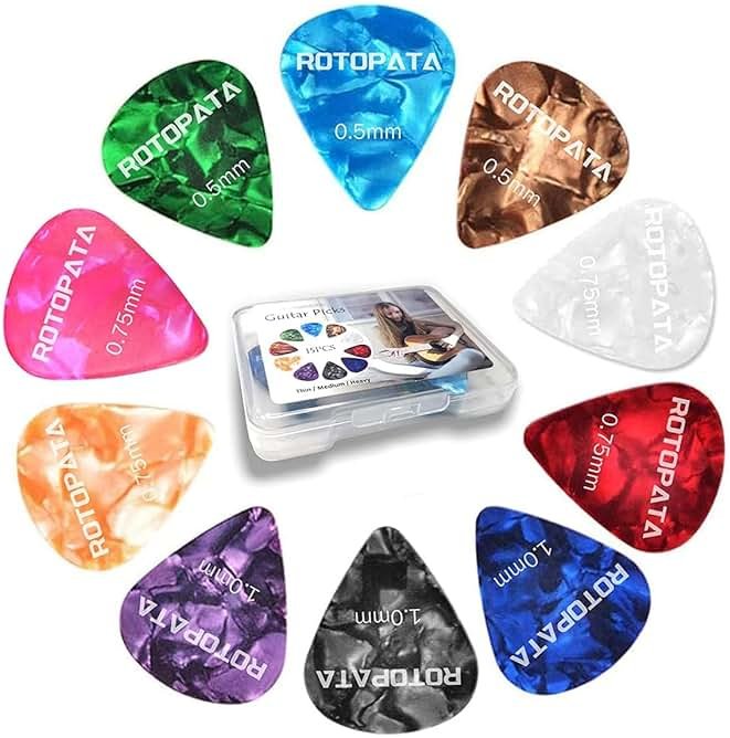 15 Pack Guitar Picks Plectrums with Organizer Storage Box, 0.5 0.75 1.0 mm Includes Thin Medium Heavy Thickness, Variety Colorful Celluloid Plectrums for Bass Electric Acoustic Guitars Ukulele - Product Image