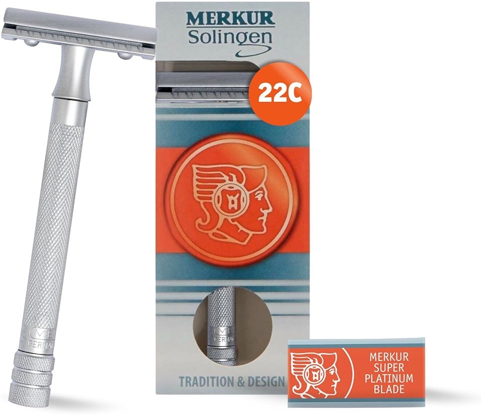 MERKUR 22C Double Edge Safety Razor - Matte Chrome | Long Knurled Brass Handle | Made in Germany | Plastic-Free | Three Piece Design | Closed Comb | Straight Bar - Product Image