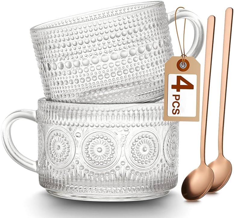 Mfacoy Vintage Coffee Mugs Set of 2, 14 oz Embossed Glass Cups with Handle, Clear Cups for Cappuccino, Latte, Cereal, Yogurt, Milk, Hot or Cold Beverages - Product Image
