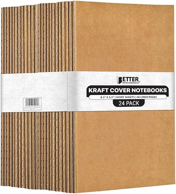 Better Office Products Kraft Notebooks with Lined Paper, 24 Pack, 8.3 in x 5.5 in, A5 Size, 60 Lined Ivory Pages, 80 gsm, Soft Cover Composition Notebooks, Stitched Spines, Kraft Travel Journals - Product Image
