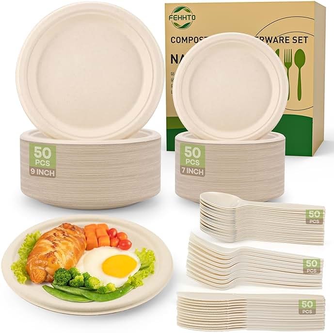 FEHHTO Compostable Paper Plates Set, 250PCS Disposable Heavy-Duty Sugarcane Plate and Eco-Friendly Utensil Biodegradable Dinnerware Plates, Extra Long Forks & Knives & Spoons for Party - Product Image