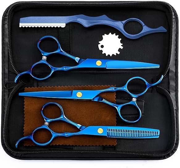 Professional Hair Cutting Scissors Sets Stainless Steel Barber Hairdressing Scissors Multifunctional Salon Thinning Scissors Straight Shears Tools for Men Women Home Use (Blue) - Product Image