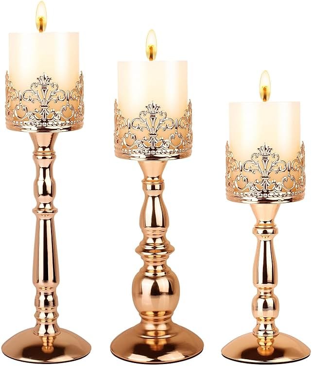 Candle Holders for Pillar Candles Set of 3 Gold Vintage Tall Candle Holders Decorative Large Table Centerpieces Candle Stand Decor - Product Image
