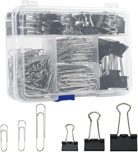 Assorted Size Binder Clips & Jumbo Paper Clips Set - 340pcs Black, Large for Office & School Supplies, in Container with Compartments - Product Image
