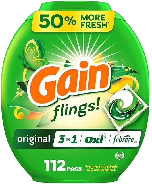 Gain flings Laundry Detergent Pacs, 112 Count, Original Scent with Oxi Boost and Febreze, 3-in-1, HE Compatible - Product Image
