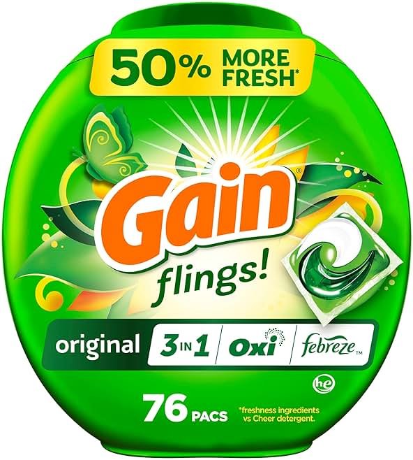 Gain Flings Liquid Washing Detergent Pacs, Now with Odor Defense + Color Guard, Original Scent, 4-In-1 Liquid Laundry Detergent Pods, Clean & Fresh, 76 Count (Packaging May Vary) - Product Image