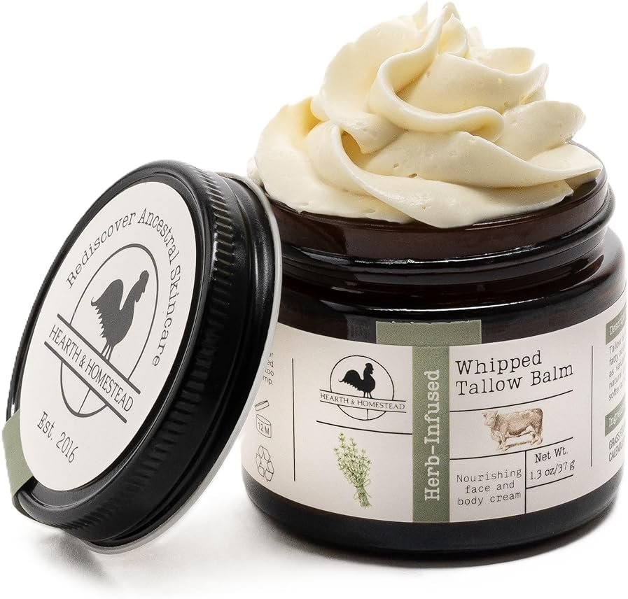 Hearth & Homestead Whipped Beef Tallow for Skin & Face - 100% Grass Fed, Eczema Cream & Body Butter - Organic Olive Oil, Calendula & Rose - Lotion & Hand Moisturizer for Dry Skin, Unscented, 1.3oz - Product Image