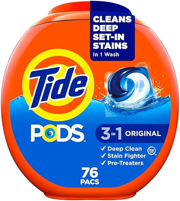 Tide PODS laundry detergent pacs, 3-in-1 Stain Remover, Odor Fighter, Color Protector, 76 Count, HE compatible, Original Scent - Product Image