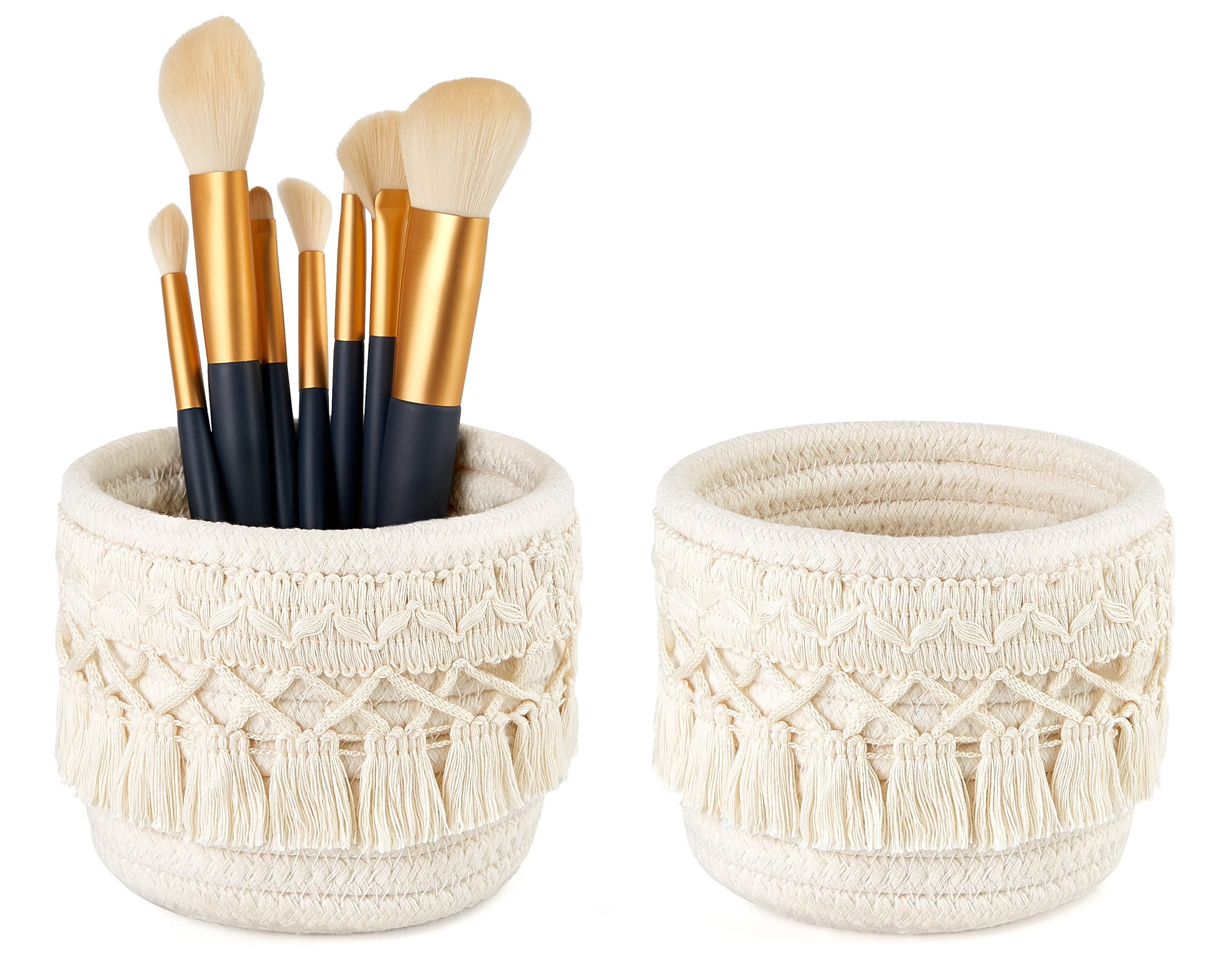 Mkono Macrame Makeup Brush Holder Organizer Comb Brushes Mini Storage Basket Set of 2 Boho Decor Baskets for Pen Pencil Box Container, X-Small, Ivory - Product Image