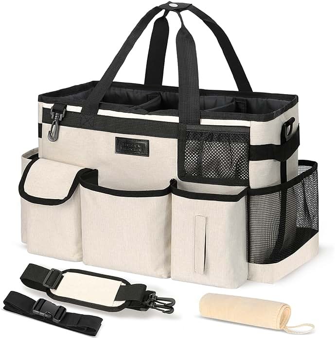 Cleaning Caddy Organizer with Handle - Large Caddy Bag for House & Bathroom Cleaning Supplies, 15 x 8 x 10.5 inches Cleaning Supply Caddy, Housekeeping Tote with Adjustable Strap - Beige - Product Image