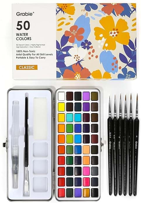 Grabie 50 Colors Watercolor Paint Set, Detail Paint Brush Included, Watercolor Paints, Painting Sets, Art Supplies for Painting, Travel Watercolor Set, Amateur Hobbyists - Product Image