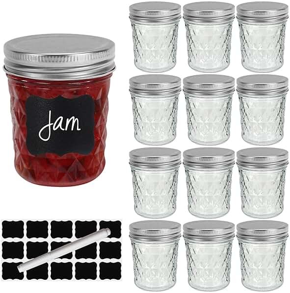 Small Mason Jars 6 oz with Airtight Silver Lids,12 Pack 200ml Glass Diamond Canning Jar,Wide Mouth Jam Jars for Jelly,Salad,Preserving,Fermenting,Wedding Favors(Labels and Chalk Marker Included) - Product Image